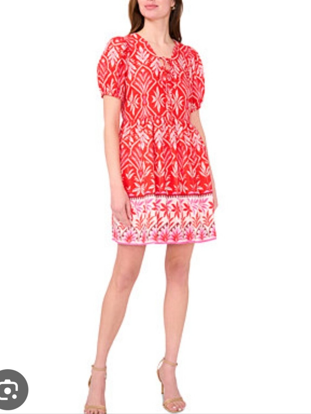 MSK Petite Red White Boho Floral Print Dress LP Large Petite Puff Sleeve NWT